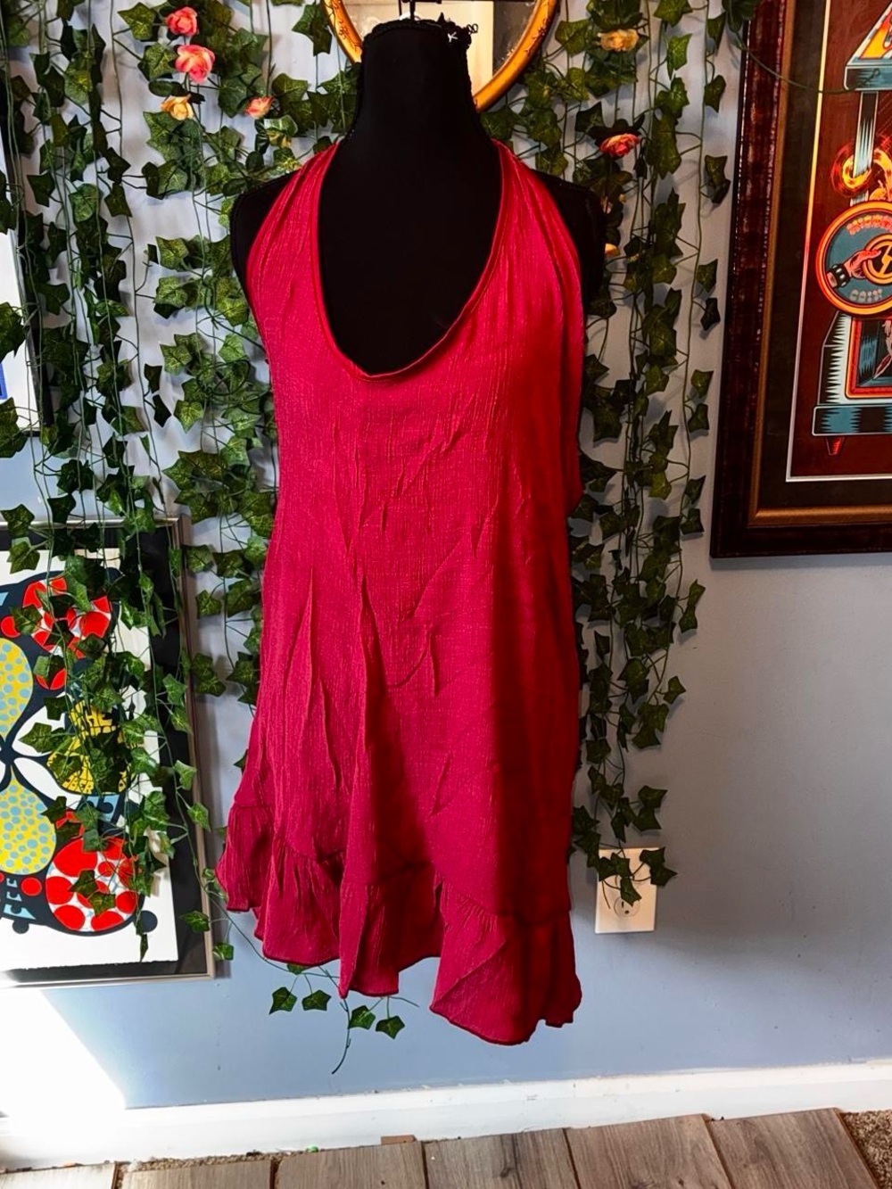 Boho Cottagecore Burgundy Tie-Strap Ruffle Dress (XL)